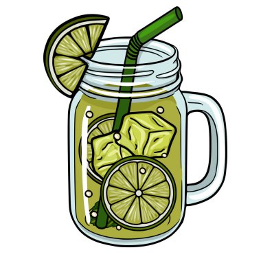 Limonatayı buz, nane ve samanla, vektör illüstrasyonuyla serinletiyorum.