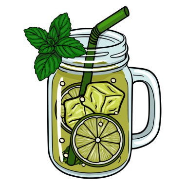 Limon ve naneli limonata vektör illüstrasyonunu buz ve samanla dolu cam bir kavanozda tazeliyorum.