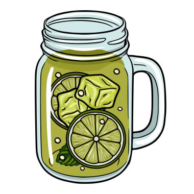 Limonata, buz ve nane karışımı bir kavanoz vektör illüstrasyonunda tazeleniyor.