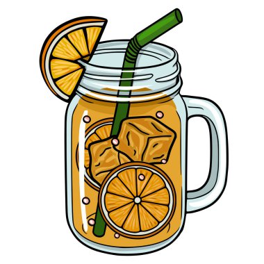 Mason Kavanozunda Limonata Vektör İllüstrasyonunu Dilimler ve Buzla Tazeleyici