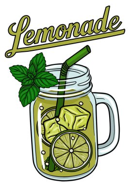 Limonata vektör posterini buz, limon dilimleri, nane ve pipetle mason kavanozla tazeliyorum.