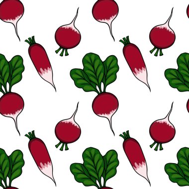 Yeşil yapraklı turpların kusursuz vektör deseni, beyaz arkaplanda izole edilmiş.