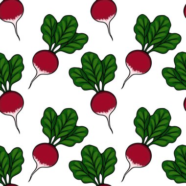 Canlı yeşil yapraklı taze turpların kusursuz vektör deseni, yemek temalı tasarımlar için mükemmel..