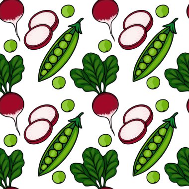Taze turp ve bezelyelerden oluşan kusursuz vektör deseni, canlı yeşil yapraklar ve parlak kırmızı kökler, sağlıklı yemek temaları için mükemmel..
