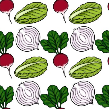 Taze turplar, marul yaprakları ve kırmızı soğan yarımlarından oluşan kusursuz vektör deseni, canlı el yapımı.