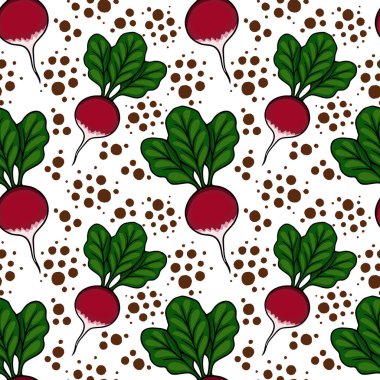 Canlı kırmızı turpların, yemyeşil yaprakları ve beyaz arka planda dağınık kahverengi noktaları olan kusursuz vektör deseni..