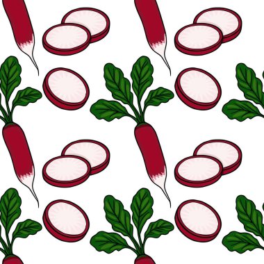 Yeşil yapraklı ve dilimlenmiş taze turpların kusursuz vektör deseni, beyaz üzerinde izole edilmiş..