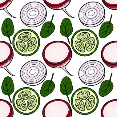 Taze turp dilimleri, soğan halkaları, salatalık dilimleri ve beyaz arka planda ıspanak yapraklarının kusursuz desenli çizimi..