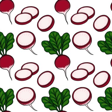 Taze turpların kusursuz vektör deseni, beyaz arka planda canlı yeşil yapraklar ile bütün ve dilimlenmiş..