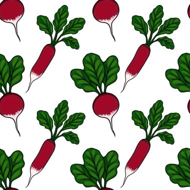 Beyaz arka planda yemyeşil yapraklı, canlı kırmızı turpların kusursuz vektör deseni, taze ve organik çizimler.
