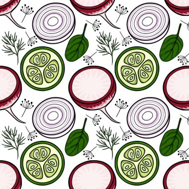 Taze sebze desenli turp, soğan, salatalık, dereotu ve ıspanaklı vektör çizimi