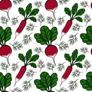 Yeşil yapraklı ve dereotlu taze kırmızı turpların kusursuz vektör deseni