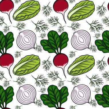 Turp, marul, soğan ve dereotlu taze sebze vektör deseni