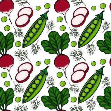 Beyaz arka planda taze turp, bezelye ve dereotundan oluşan kusursuz vektör deseni..