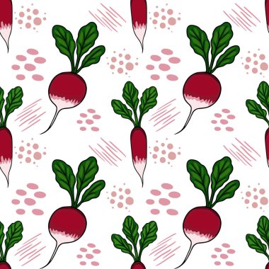 Yeşil yapraklı taze turpların tuhaf vektör deseni ve beyaz arka planda soyut pembe noktalar ve çizgiler.