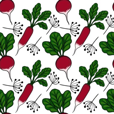 Yeşil yapraklı ve narin tohumlu taze kırmızı turpların kusursuz vektör deseni, canlı ve sağlıklı besin örnekleri.