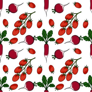 Taze turp ve yeşil yapraklı olgun domateslerin kusursuz vektör deseni beyaz arka planda.