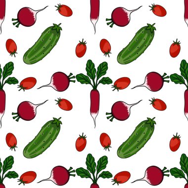 Beyaz arka planda yeşil yapraklı taze turp, salatalık ve domateslerden oluşan kusursuz vektör deseni..