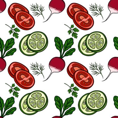 Taze domatesler, salatalıklar, turplar ve bitkilerden oluşan kusursuz vektör deseni.
