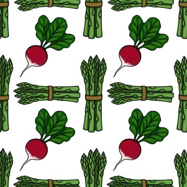 Taze yeşil kuşkonmaz desenleri ve beyaz arka planda yaprakları olan olgun kırmızı turpların kusursuz desenli temsili.