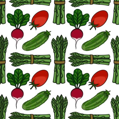 Kuşkonmaz, turp, domates ve salatalık da dahil olmak üzere taze sebzelerin kusursuz vektör deseni..