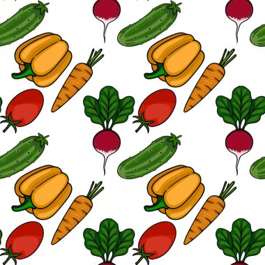 Beyaz arka planda taze sebzeler, dolmalık biberler, salatalıklar, domatesler, havuçlar ve turplar dahil olmak üzere canlı vektör deseni..