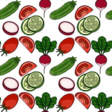 Taze salatalık, domates ve yapraklı turptan oluşan kusursuz vektör deseni.