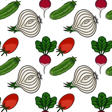 Dilimlenmiş soğan, olgun domates, salatalık ve yapraklı turplar dahil taze sebzelerden oluşan canlı vektör deseni..