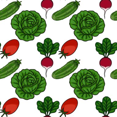 Taze yeşil marul, kırmızı turp, olgun domates ve salatalıktan oluşan kusursuz vektör deseni.