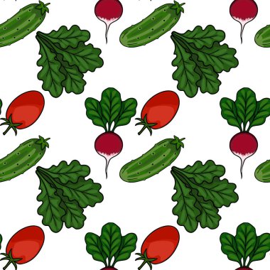 Canlı domateslerin taze vektör deseni, gevrek salatalıklar, yapraklı yeşiller ve yuvarlak turplar.