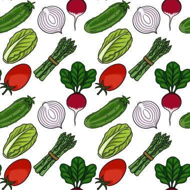 Beyaz arka planda salatalık, turp, soğan, domates, kuşkonmaz ve marul gibi taze, canlı sebzelerden oluşan kusursuz vektör deseni..