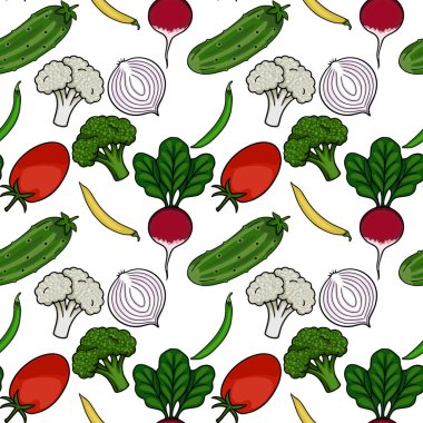 Salatalık, domates, karnabahar, brokoli, turp, soğan, yeşil fasulye ve muz gibi taze ve renkli sebzelerden oluşan kusursuz bir vektör deseni..