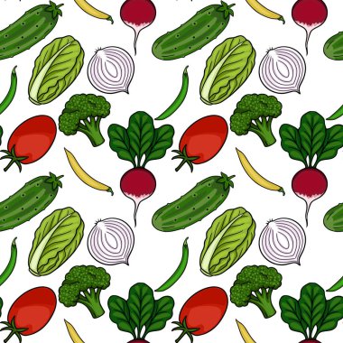 Sağlıklı gıda tasarımları için brokoli, domates, salatalık, turp, marul, soğan ve yeşil fasulye gibi taze, renkli sebzelerden oluşan kusursuz vektör deseni..