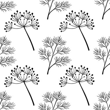 Narin dereotu dalları ve tohum başlıklarının kusursuz vektör deseni, elle çizilmiş biçim çizimi