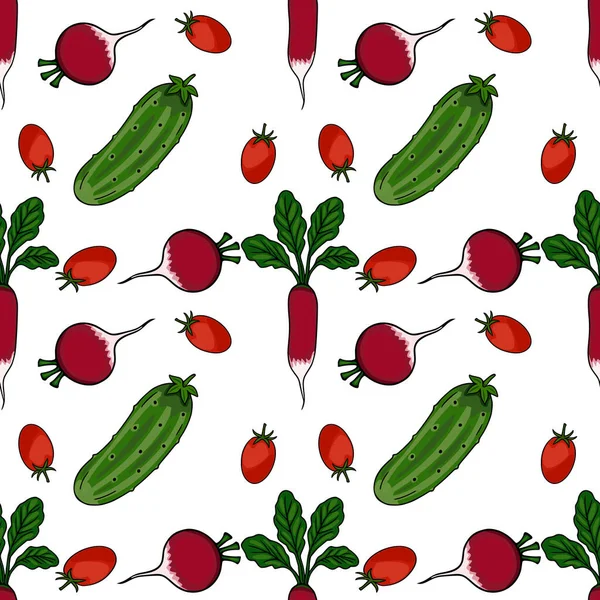 Beyaz arka planda yeşil yapraklı taze turp, salatalık ve domateslerden oluşan kusursuz vektör deseni..