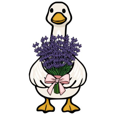 Bir demet mor lavanta çiçeği tutan sevimli çizgi film karakteri pembe bir fiyonk ve vektör çizimi ile bağlanmış.