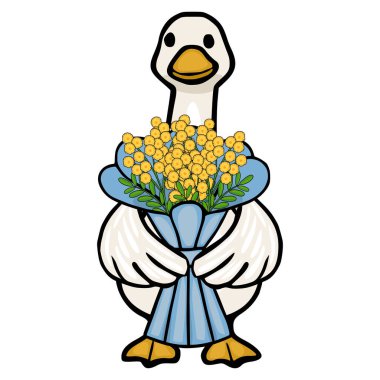 Sevimli çizgi film karakteri elinde canlı bir buket sarı çiçek tutuyor, vektör çizimi.