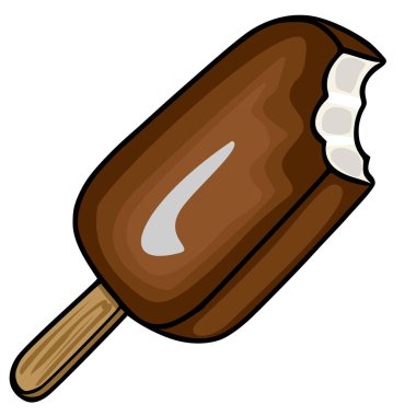 Çikolata kaplı leziz dondurma. Isırılmış, vektör illüstrasyonlu.