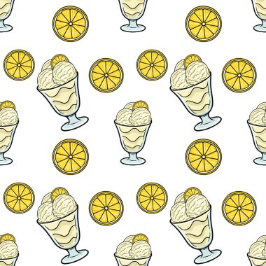 Kremalı vanilyalı dondurma ve parlak limon dilimlerinin kusursuz vektör deseni yaz yemeği temaları için mükemmel..