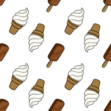 Yumuşak servis külahlarının ve beyaz arka planda çikolataların kusursuz vektör deseni.