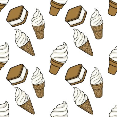 Dondurma külahları ve dondurmalı sandviçlerin kusursuz vektör deseni.