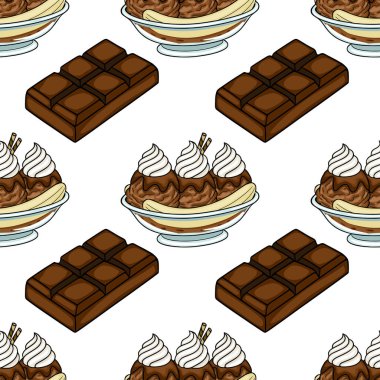 Lezzetli çikolataların ve muzlu dondurmaların kusursuz vektör deseni.