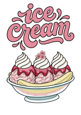 Muzlu dondurmanın lezzetli vektör çizimi pembe kepçeli, beyaz girdaplı, kiraz şurubu ve narin kiraz çiçekleriyle..