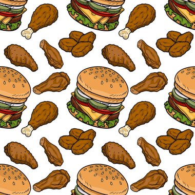 Lezzetli kızarmış tavuk bacağı ve hamburgerlerin kusursuz vektör deseni.
