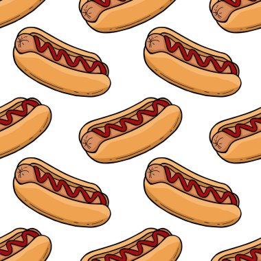 Ketçap çiselemeli sosisli sandviçlerin kusursuz vektör deseni, çizgi film tarzı çizim