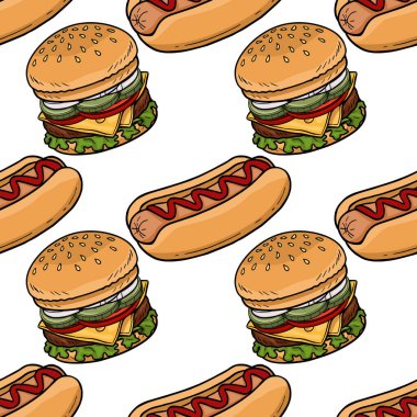 Lezzetli hamburgerler ve ketçap ve hardallı sosisli, beyaz arka planda izole edilmiş kusursuz vektör deseni..