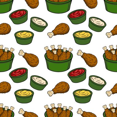 Kızarmış tavuk bacağı ve sosun kusursuz vektör deseni.