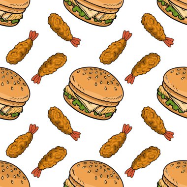 Lezzetli hamburger ve kızarmış karidesin kusursuz vektör deseni.