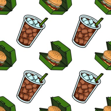 Sulu hamburgerlerin, yeşil paket servis kutularındaki kusursuz vektör deseni ve beyaz arka planda pipetli soğuk buzlu içecekler..