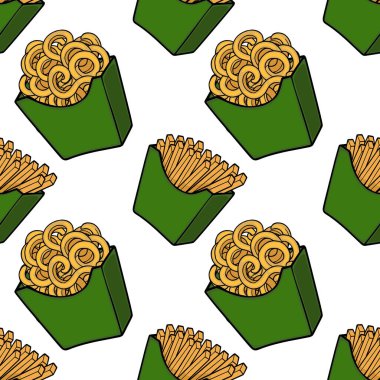 Fast food patates kızartması ve yeşil kağıt kaplarda kıvırcık patates kızartmasının kusursuz vektör deseni.